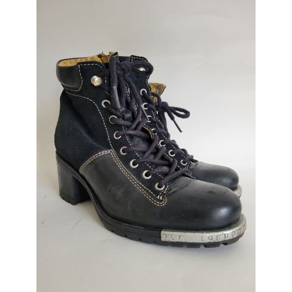 Fly London black Leal leather Suede Combat Ankle Boots size 8 38 Moto block heel - Picture 1 of 12